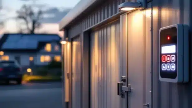 "Beveiligde opslagruimte bij GaragePark Den Haag met camerabewaking, elektronisch toegangssysteem en stevige metalen deur in avondlicht."