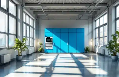 Symbolische weegschaal met eurobiljetten en miniatuur bedrijfspand in balans, geplaatst in een zonnige moderne GaragePark bedrijfsruimte met functionele opslag.