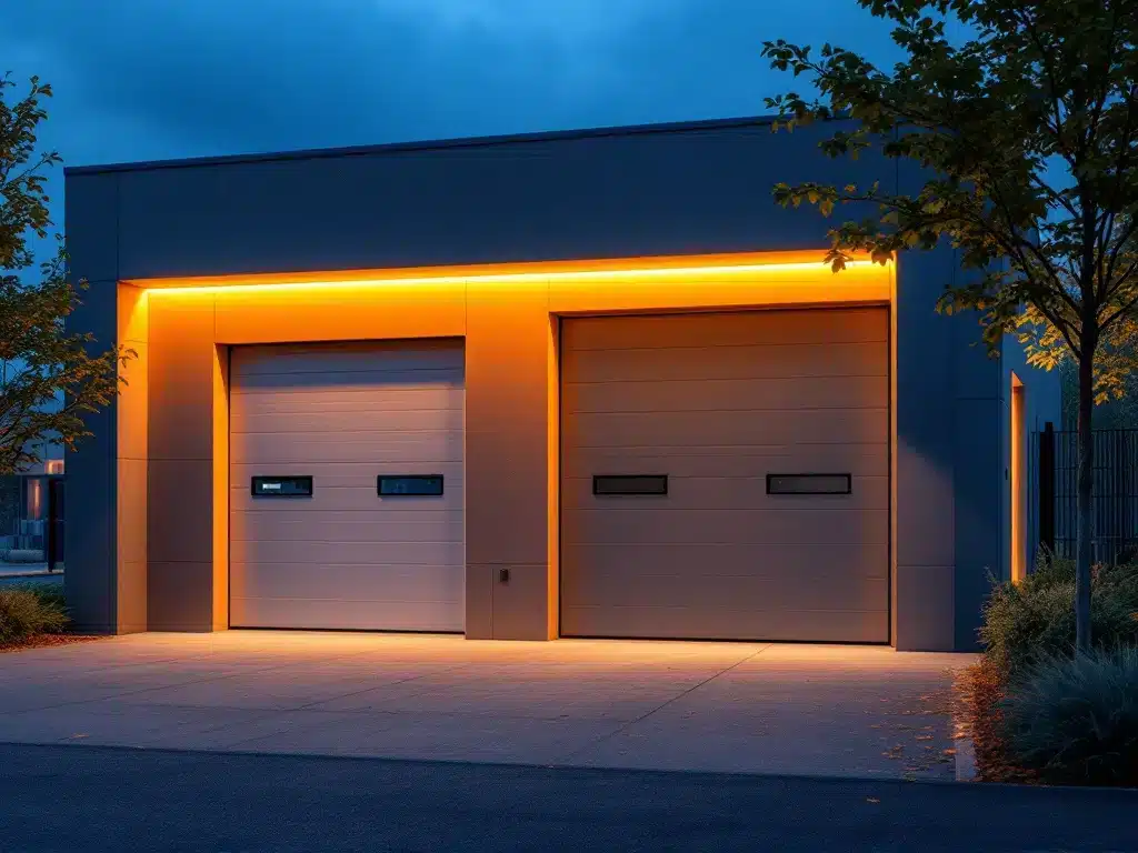 Moderne GaragePark bedrijfsunit in schemering met blauwe-oranje accenten, half geopende overhead deur, verlicht parkeerterrein en professionele uitstraling.
