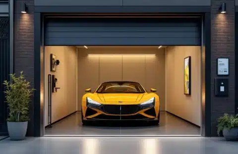 Moderne beveiligde garagebox met luxe auto, LED-verlichting, beveiligingscamera's en elektronisch toegangssysteem. Sleutelhanger met tag ligt naast tariefinformatie.