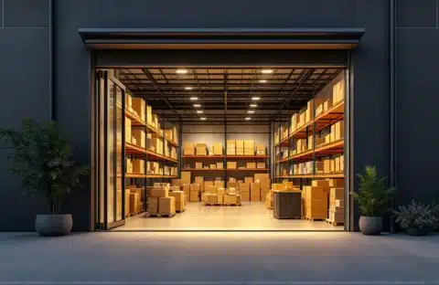 Moderne bedrijfsunit met georganiseerd warehouse voor e-commerce, professionele stellingkasten, inpakstation en parkeergelegenheid in zonnige, toegankelijke omgeving.