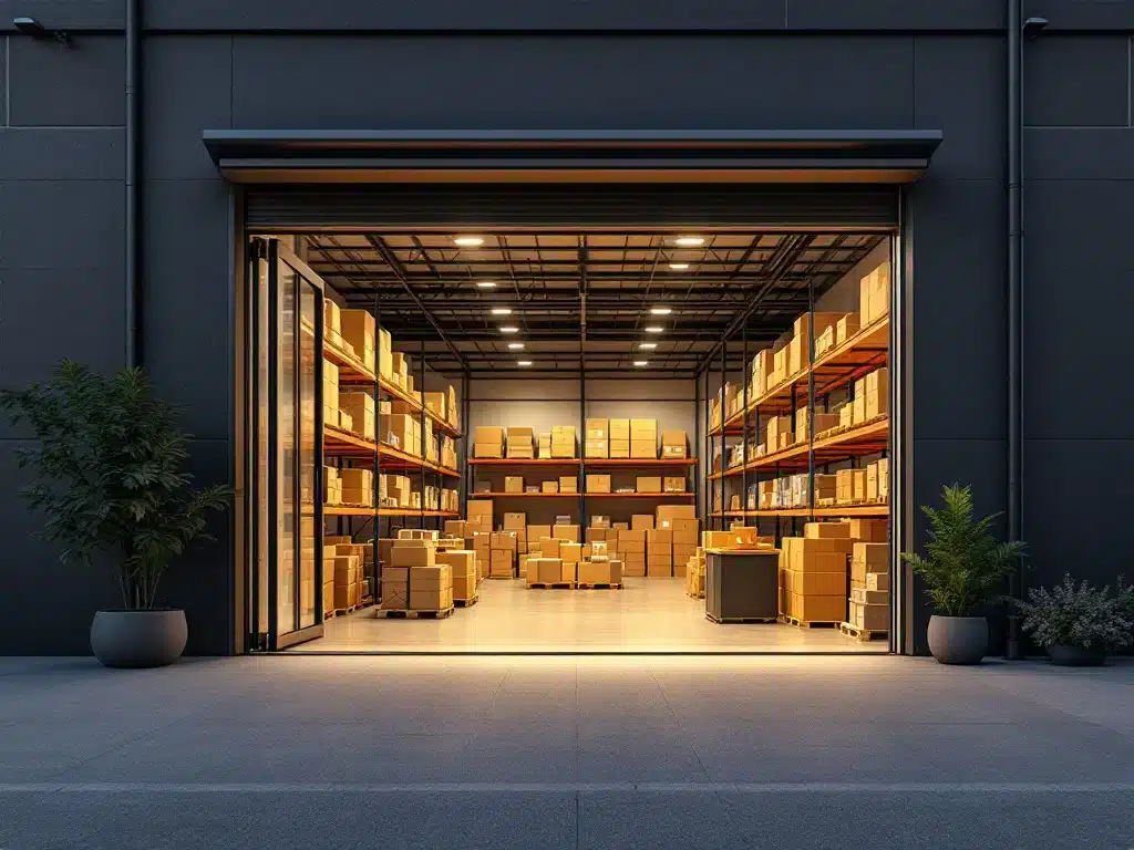 Moderne bedrijfsunit met georganiseerd warehouse voor e-commerce, professionele stellingkasten, inpakstation en parkeergelegenheid in zonnige, toegankelijke omgeving.