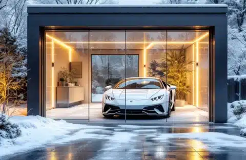 Moderne garage met glazen deuren beschermt glanzende auto tegen winterse sneeuw, contrast tussen koude buitenomgeving en warm interieur.