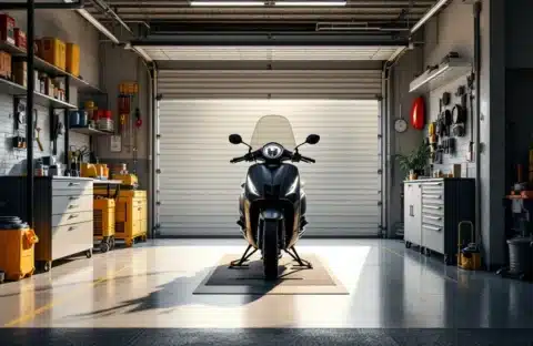 Glimmende motorfiets op standaard in een lichte, ruime garagebox met gereedschapskoffer, badend in zonlicht door een halfopen roldeur in een nette GaragePark-omgeving.