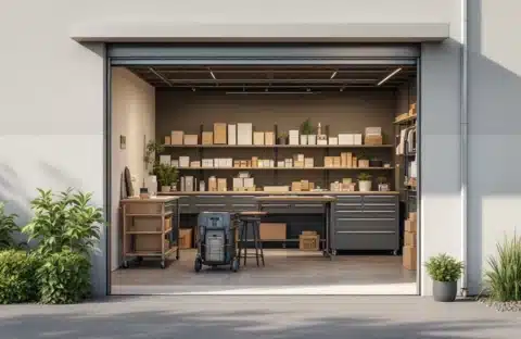Moderne garagebox met professioneel ingerichte webshop-opslagruimte, voorzien van stellingkasten, paktafel en verzendklare dozen in een zonnig GaragePark complex.