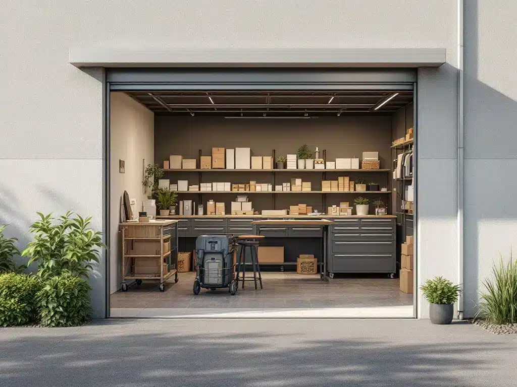 Moderne garagebox met professioneel ingerichte webshop-opslagruimte, voorzien van stellingkasten, paktafel en verzendklare dozen in een zonnig GaragePark complex.