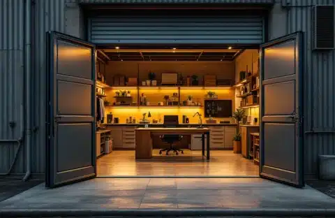Professioneel ingerichte garagebox als werkruimte met bureau en werkbank. Half-open deur met warm licht. Productrek wijst op webshop.