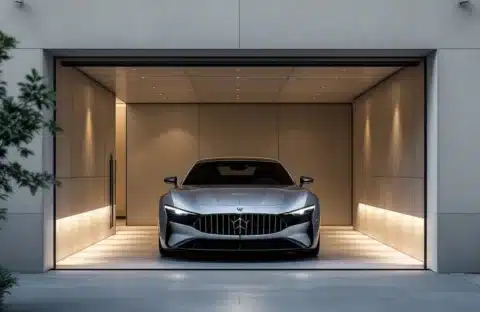 Ruime garagebox met luxe auto en opslagruimte in zonnig GaragePark complex. Halfopen deur, betonvloer, moderne verlichting en goede beveiliging.