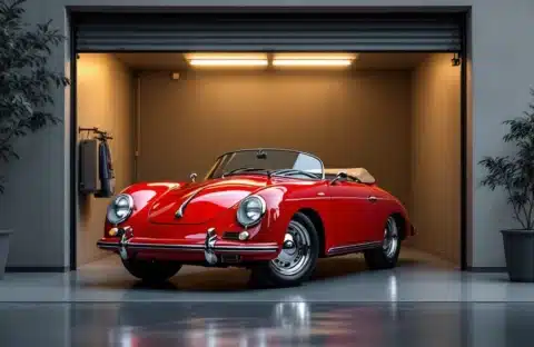 Glanzende rode klassieke Porsche 356 in een professioneel verlichte, beveiligde garage met half-open deur en subtiele veiligheidsvoorzieningen.