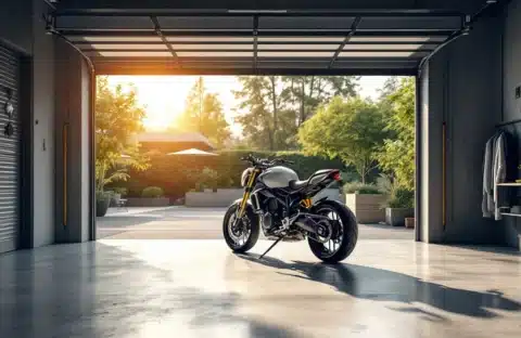 Moderne motorgarage met openslaande deuren, gestalde glimmende motorfiets, elektronisch toegangssysteem en camerabewaking in warm ochtendlicht