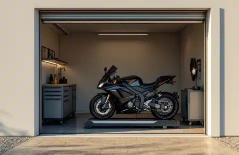 Ruime garagebox met glanzende motorfiets, beveiligingsvoorzieningen en werkbank. Zonlicht valt binnen door half-open deur, ideaal voor motorstalling.