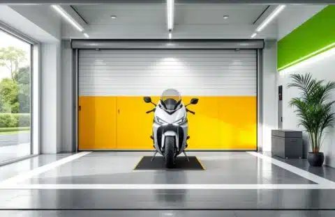 Glanzende motorfiets in lichte, professionele GaragePark stallingsruimte met opbergsystemen, natuurlijke verlichting en moderne beveiligingsvoorzieningen.