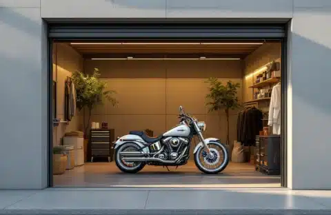 Glanzende motorfiets met transparante beschermhoes in een zonnige, professionele GaragePark-opslagruimte met nette opbergkasten en betonvloer.