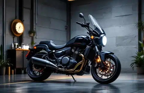 Afgedekte motorfiets in ruime GaragePark opslagruimte met zonlicht, onderhoudsstation met acculader en bandenpomp op vlekkeloze vloer, ideaal voor langdurige stalling.