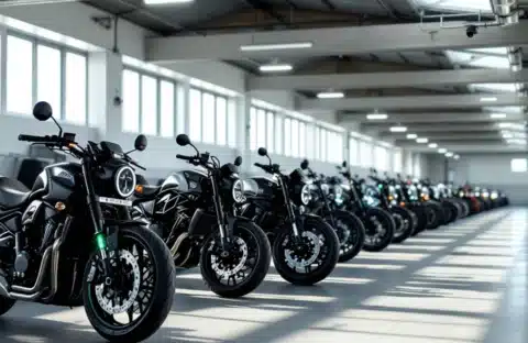 Ruime, zonnige indoor motorstalling met glanzende motorfietsen in rijen, hoge plafonds, camerabewaking en natuurlijk licht voor optimale veiligheid en sfeer.