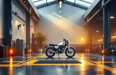Moderne motorstalling met glanzende motorfiets naast wandoplaadpunt met groen lampje, baadend in natuurlijk licht en met professionele, veilige sfeer.