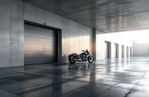 Premium motorfiets onder beschermhoes in lichte, ruime en beveiligde overdekte motorstalling met glanzende vloer, zonlicht en professionele veiligheidsvoorzieningen.