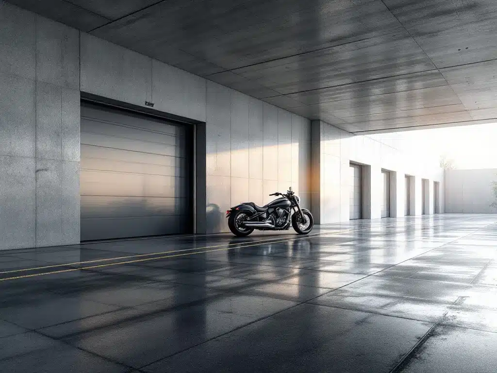 Premium motorfiets onder beschermhoes in lichte, ruime en beveiligde overdekte motorstalling met glanzende vloer, zonlicht en professionele veiligheidsvoorzieningen.