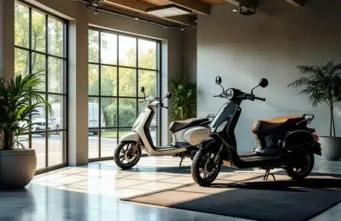 Moderne motorstalling van GaragePark met twee glanzende motorfietsen, beveiligingssystemen en klimaatcontrole in een zonnige ruimte.