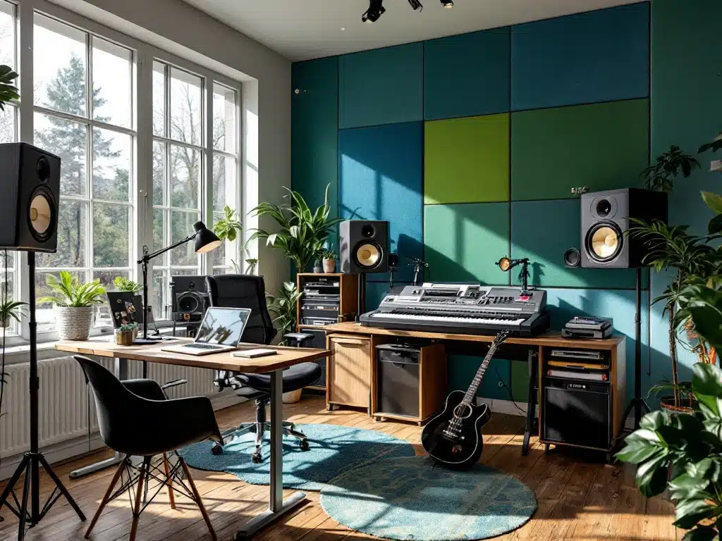 Moderne muziekstudio in GaragePark unit met opnamecabine, mengpaneel, instrumenten en natuurlijk licht. Notitieboek met berekeningen naast laptop in professionele ruimte.