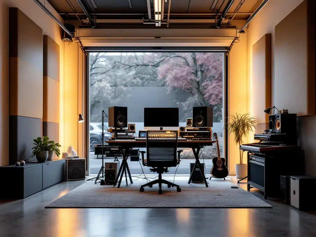 Moderne muziekstudio in GaragePark opslagruimte met professionele apparatuur, geluidsisolatie, halfopen roldeur en georganiseerde instrumentopslag in warm licht.
