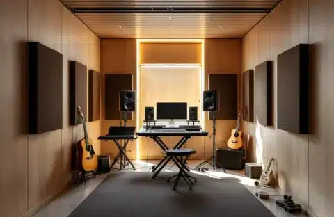Professionele muziekstudio in omgebouwde GaragePark-opslagruimte met mengpaneel, instrumenten, akoestische panelen en natuurlijk licht door een klein raam.