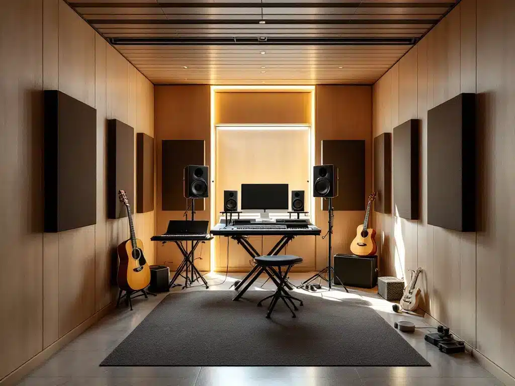 Professionele muziekstudio in omgebouwde GaragePark-opslagruimte met mengpaneel, instrumenten, akoestische panelen en natuurlijk licht door een klein raam.