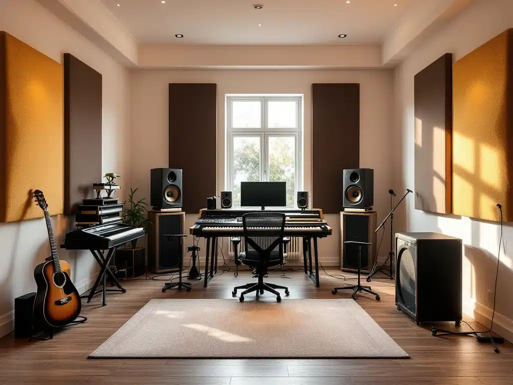 Professionele muziekstudio in omgebouwde opslagruimte met mengpaneel, monitoren, geluidsisolatiepanelen en instrumenten in warm zonlicht.
