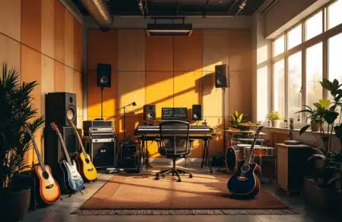 Professionele muziekstudio in GaragePark unit met geluidsisolatie, productieopstelling, instruments en natuurlijk licht door dakraam in een warme, creatieve sfeer.
