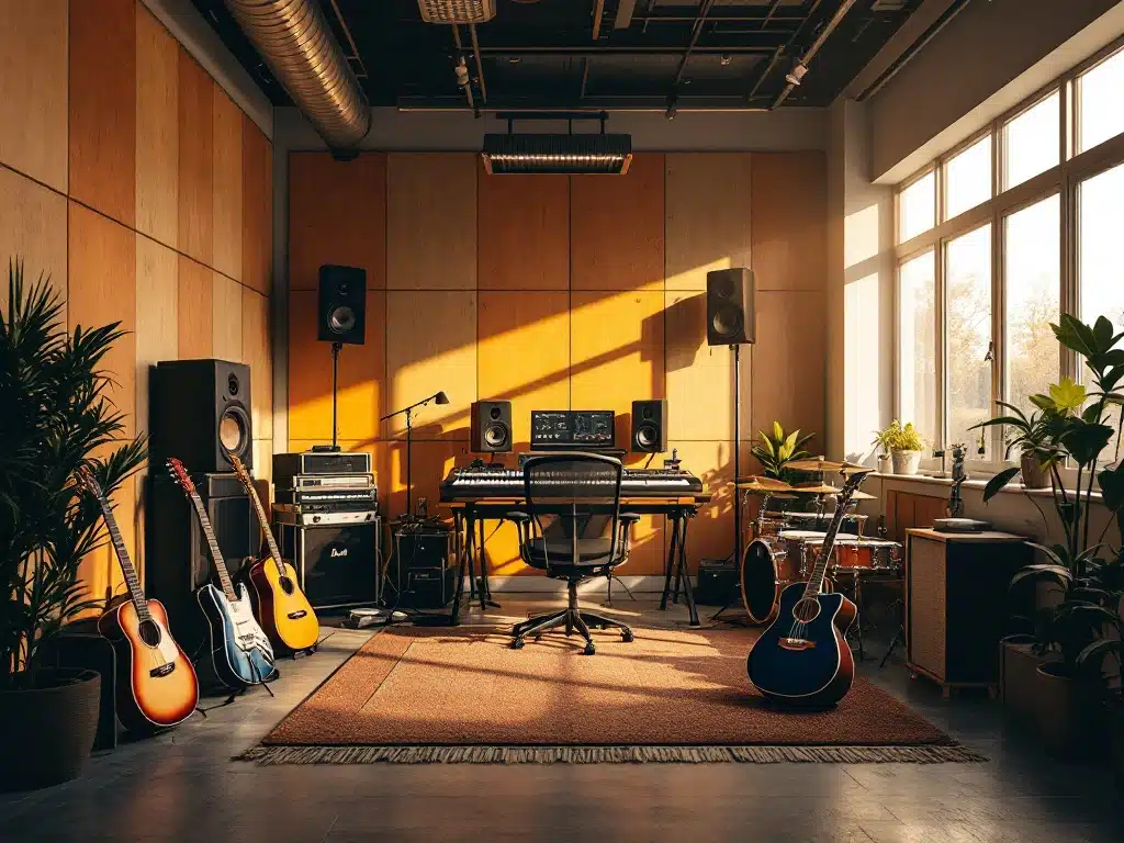 Professionele muziekstudio in GaragePark unit met geluidsisolatie, productieopstelling, instruments en natuurlijk licht door dakraam in een warme, creatieve sfeer.
