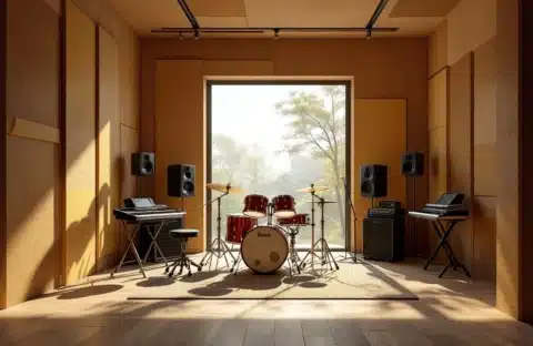 Opslagruimte in transformatie naar muziekstudio met akoestische panelen, geluidsisolatie en muziekapparatuur in warm zonlicht.