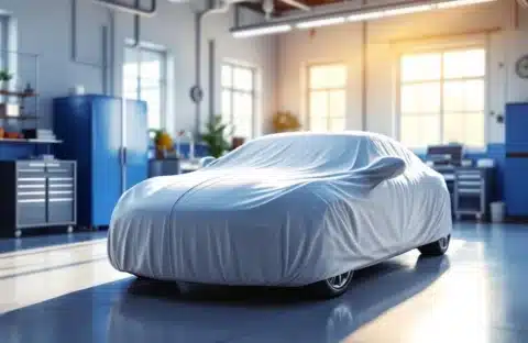 Auto met beschermhoes in moderne garage met natuurlijk licht en georganiseerde opslag