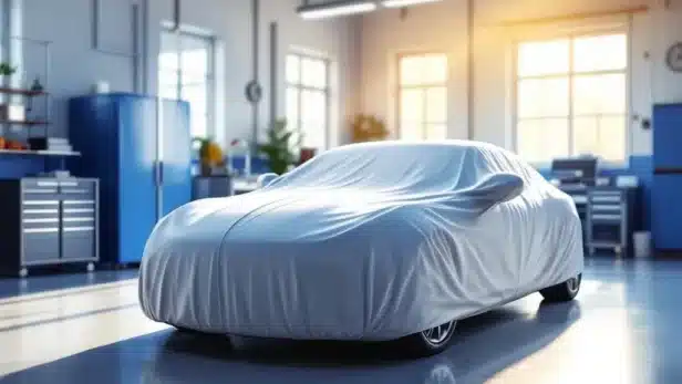 Auto met beschermhoes in moderne garage met natuurlijk licht en georganiseerde opslag