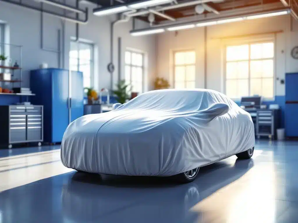 Auto met beschermhoes in moderne garage met natuurlijk licht en georganiseerde opslag