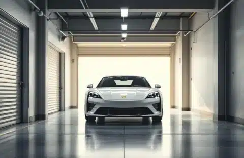 Auto veilig geparkeerd in moderne, goed verlichte garageopslagruimte met betonvloer en beveiligingscamera's