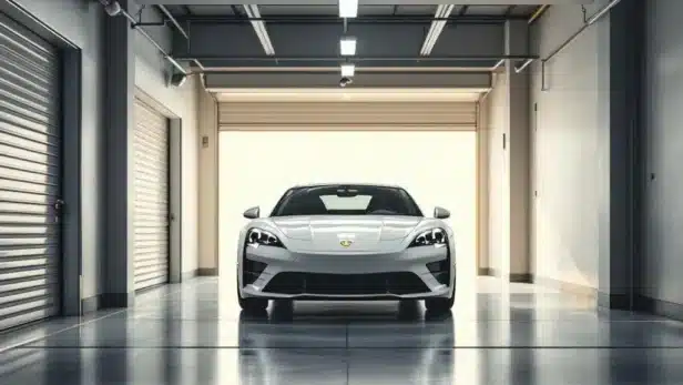 Auto veilig geparkeerd in moderne, goed verlichte garageopslagruimte met betonvloer en beveiligingscamera's