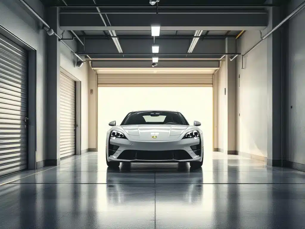 Auto veilig geparkeerd in moderne, goed verlichte garageopslagruimte met betonvloer en beveiligingscamera's