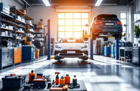 Professionele garage met auto op hefbrug, georganiseerde werkbank en moderne apparatuur in heldere, uitnodigende ruimte