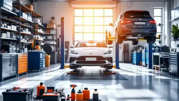Professionele garage met auto op hefbrug, georganiseerde werkbank en moderne apparatuur in heldere, uitnodigende ruimte