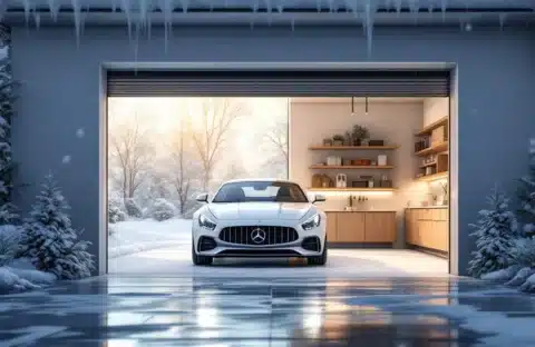 Schone auto veilig geparkeerd in moderne garage terwijl sneeuw buiten valt, warme beschermde binnenruimte