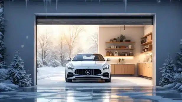 Schone auto veilig geparkeerd in moderne garage terwijl sneeuw buiten valt, warme beschermde binnenruimte