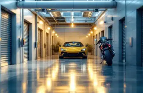 Ruime, goed verlichte opslagruimte met auto en motor, beveiligingscamera's en moderne verlichting