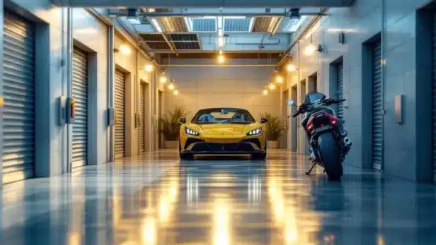 Ruime, goed verlichte opslagruimte met auto en motor, beveiligingscamera's en moderne verlichting
