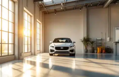 Auto in heldere, professionele garage met natuurlijk licht, betonvloeren en zonnepanelen op dak
