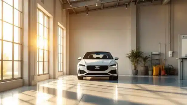 Auto in heldere, professionele garage met natuurlijk licht, betonvloeren en zonnepanelen op dak