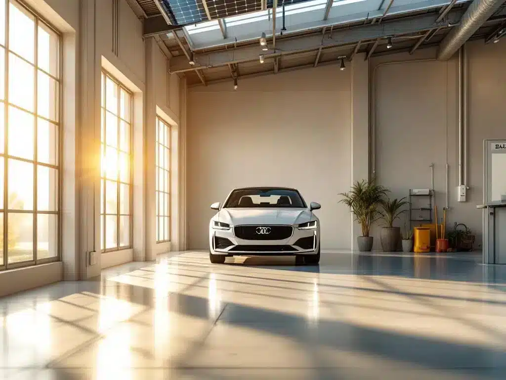 Auto in heldere, professionele garage met natuurlijk licht, betonvloeren en zonnepanelen op dak