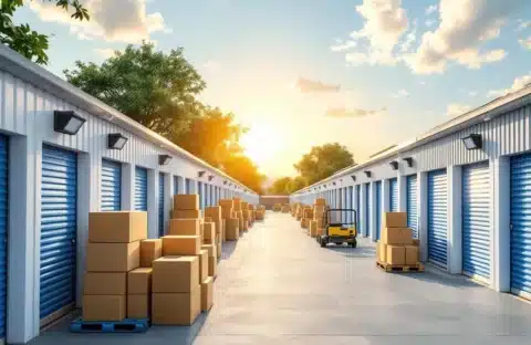 Moderne bedrijfsopslagfaciliteit met witte en blauwe units, zonnepanelen en georganiseerde voorraaddozen in heldere omgeving