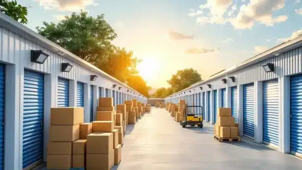 Moderne bedrijfsopslagfaciliteit met witte en blauwe units, zonnepanelen en georganiseerde voorraaddozen in heldere omgeving
