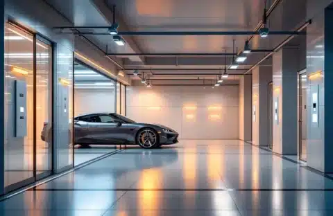 Moderne beveiligde parkeergarage met schone betonvloeren, veiligheidscamera's en warme verlichting, luxeauto gedeeltelijk zichtbaar