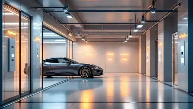 Moderne beveiligde parkeergarage met schone betonvloeren, veiligheidscamera's en warme verlichting, luxeauto gedeeltelijk zichtbaar